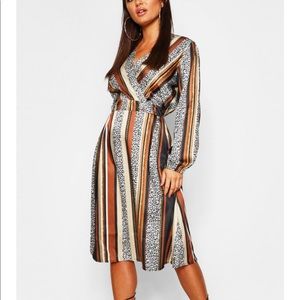 Boohoo Leopard Stripe Button Front Midi Dress